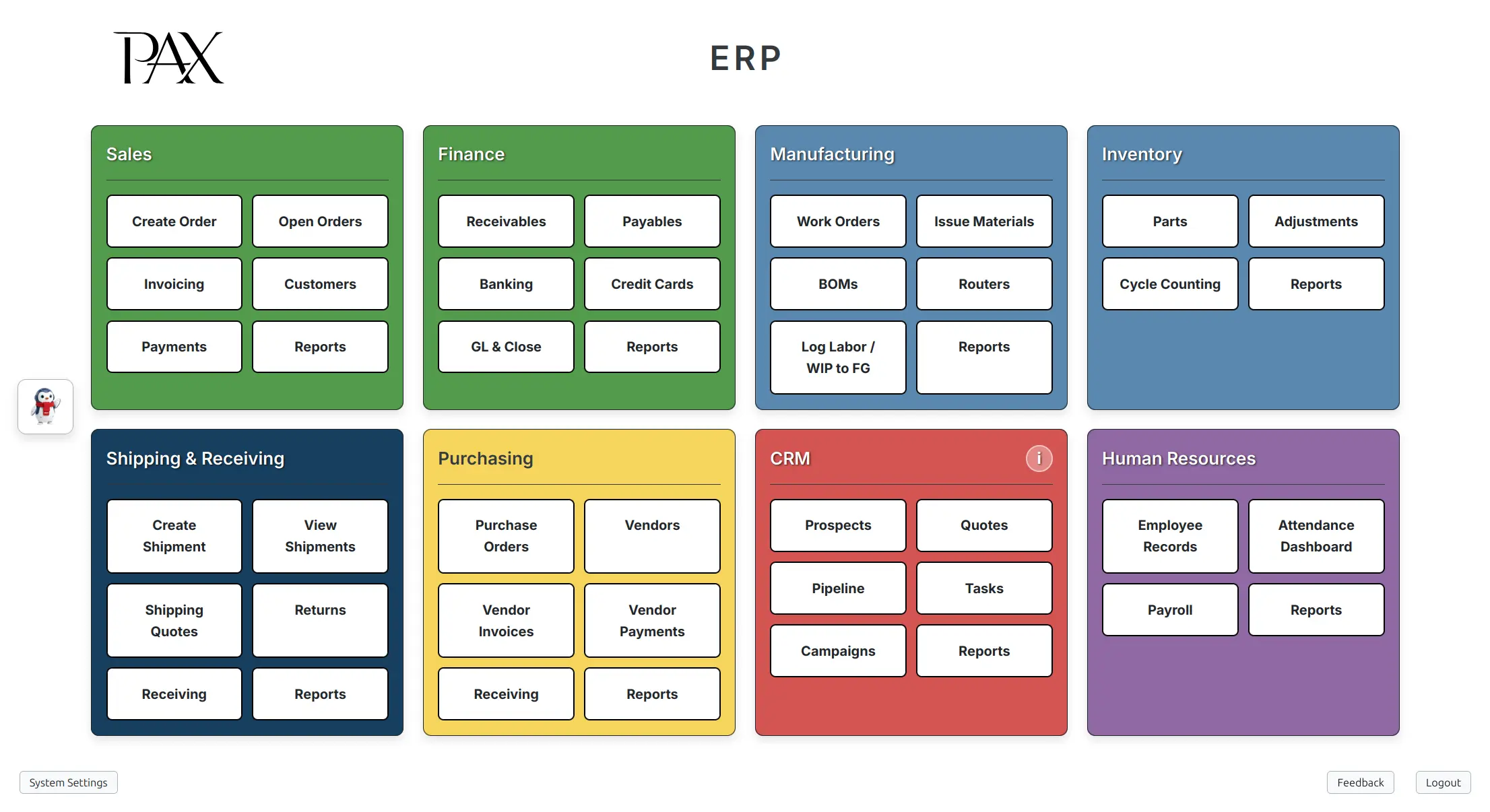 PAX ERP dashboard showing Sales, Finance, Manufacturing, Inventory, Shipping & Receiving, Purchasing, CRM, and Human Resources modules